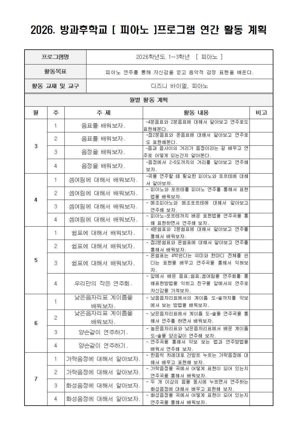 2026.  피아노 프로그램 연간 활동 계획