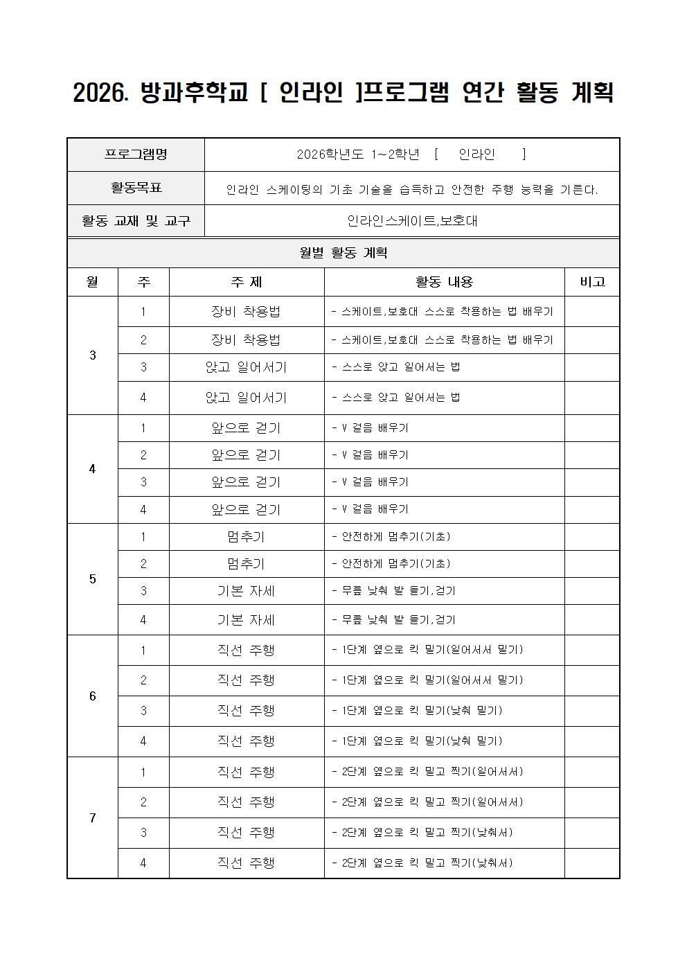 2026. 인라인교실 연간 활동 계획